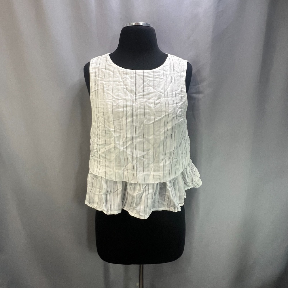 Forever 21 Cropped Blouse Womens Medium Beige Stripes Back Zip Ruffle Sleeveless